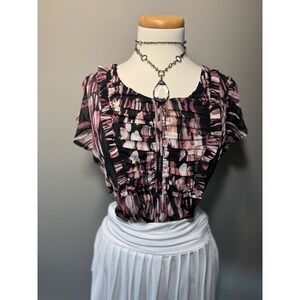 Y2K The Limited Womens Blouse Top‎ Ruffle Sheer Short Sleeve Pink Black Abstract